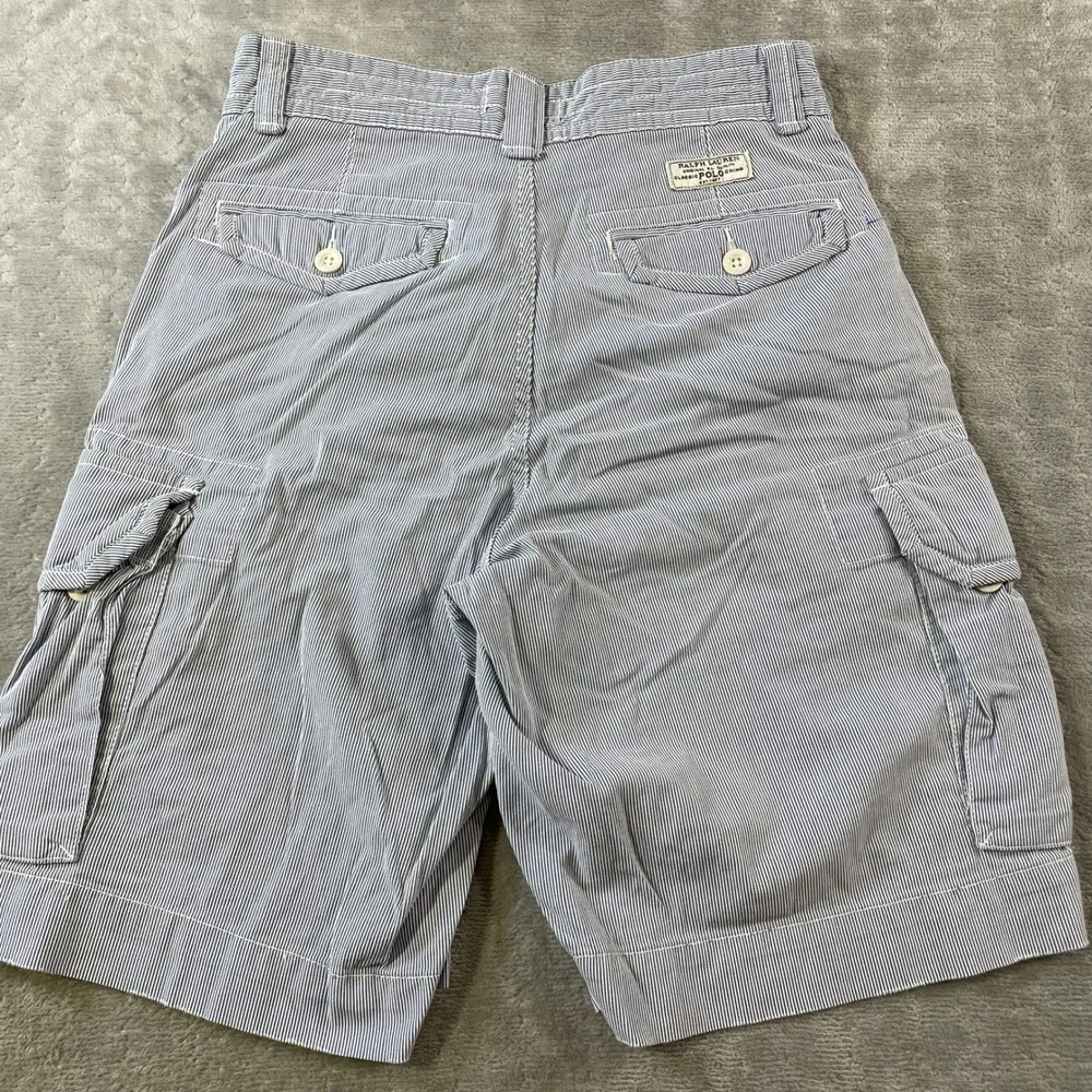 Polo Ralph Lauren Cargo Shorts Mens 30 Blue Coastal Beach Seersucker Hickory